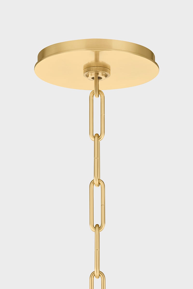 Durland Chandelier 40.5" in aged brass shown from a second angle to highlight the frame, arms, and shade detail.