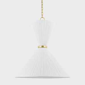 Enid Pendant 30" in aged brass shown from the front to reveal the shade shape and metal detail.