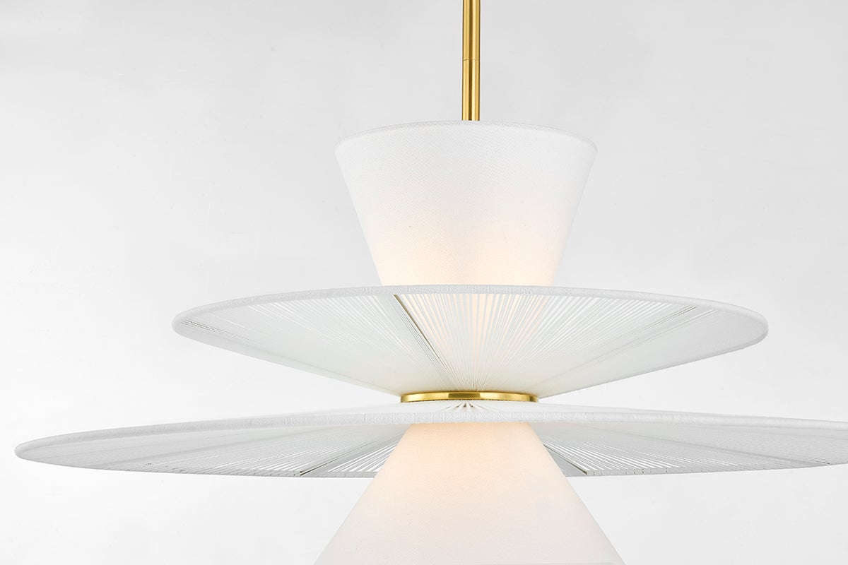 Esperance Pendant in aged brass shown from the front to reveal the shade shape and metal detail.