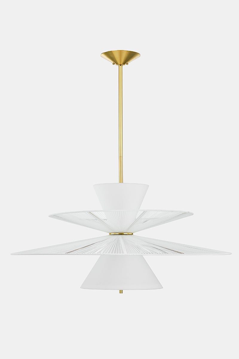 Esperance Chandelier in aged brass shown from a second angle to highlight the frame, arms, and shade detail.