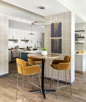 Draper Pendant 15.5" in polished nickel styled in a bright kitchen for warm, layered light at Laurie Yapp Home.