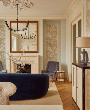 Florian Chandelier 40" styled in a formal living room for warm, layered light at Laurie Yapp Home.