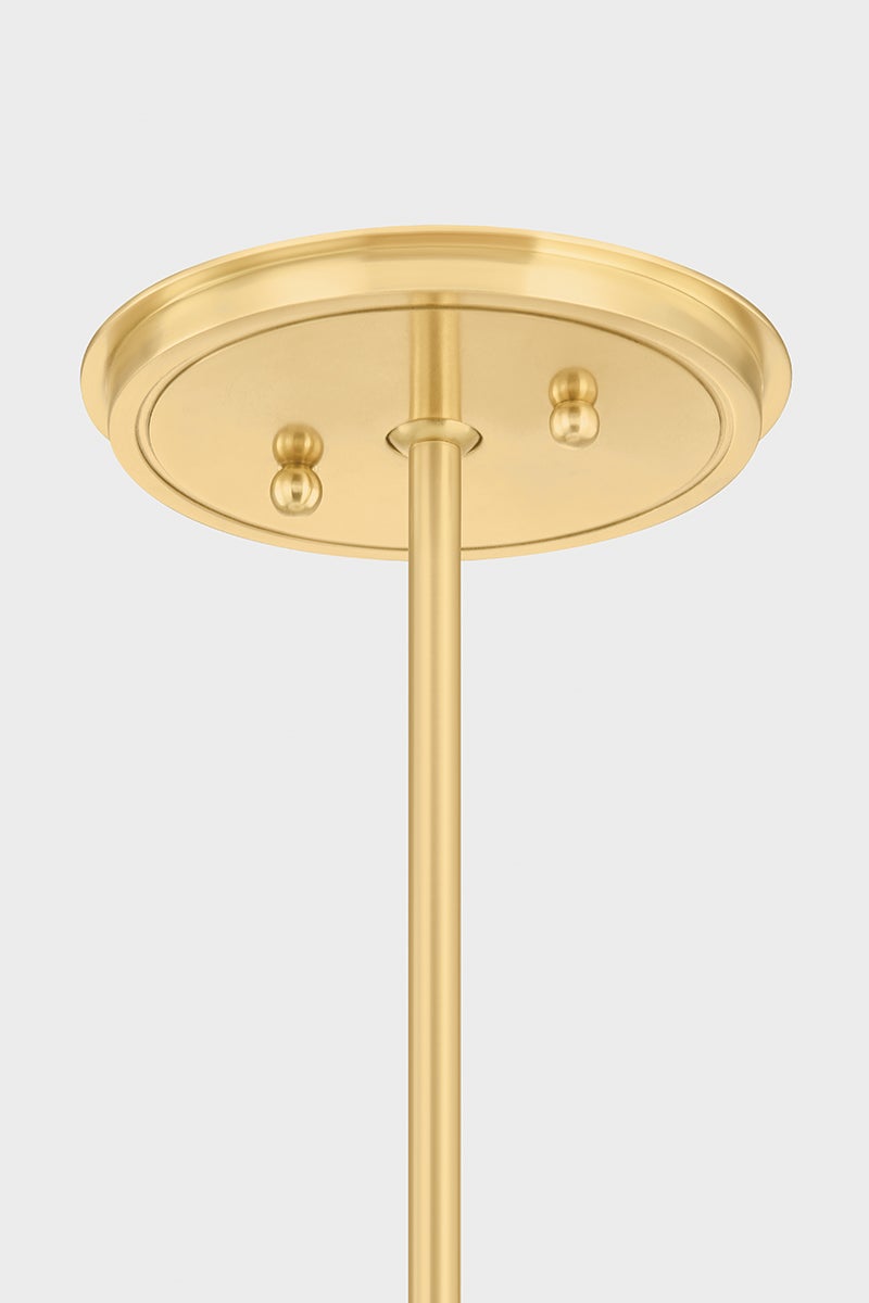 Gerhard Chandelier in aged brass shown from a second angle to highlight the frame, arms, and shade detail.
