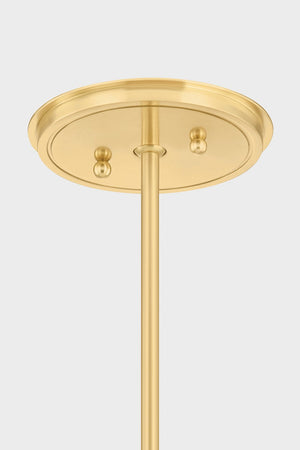 Gerhard Chandelier in aged brass shown from a second angle to highlight the frame, arms, and shade detail.