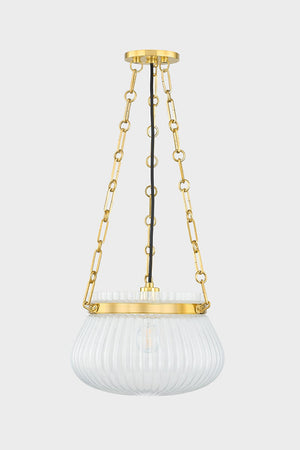 Granby Pendant 13" in aged brass shown from the front to reveal the shade shape and metal detail.