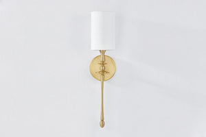 Guilford Wall Sconce in aged brass shown from the front to reveal the arm curve and shade silhouette.