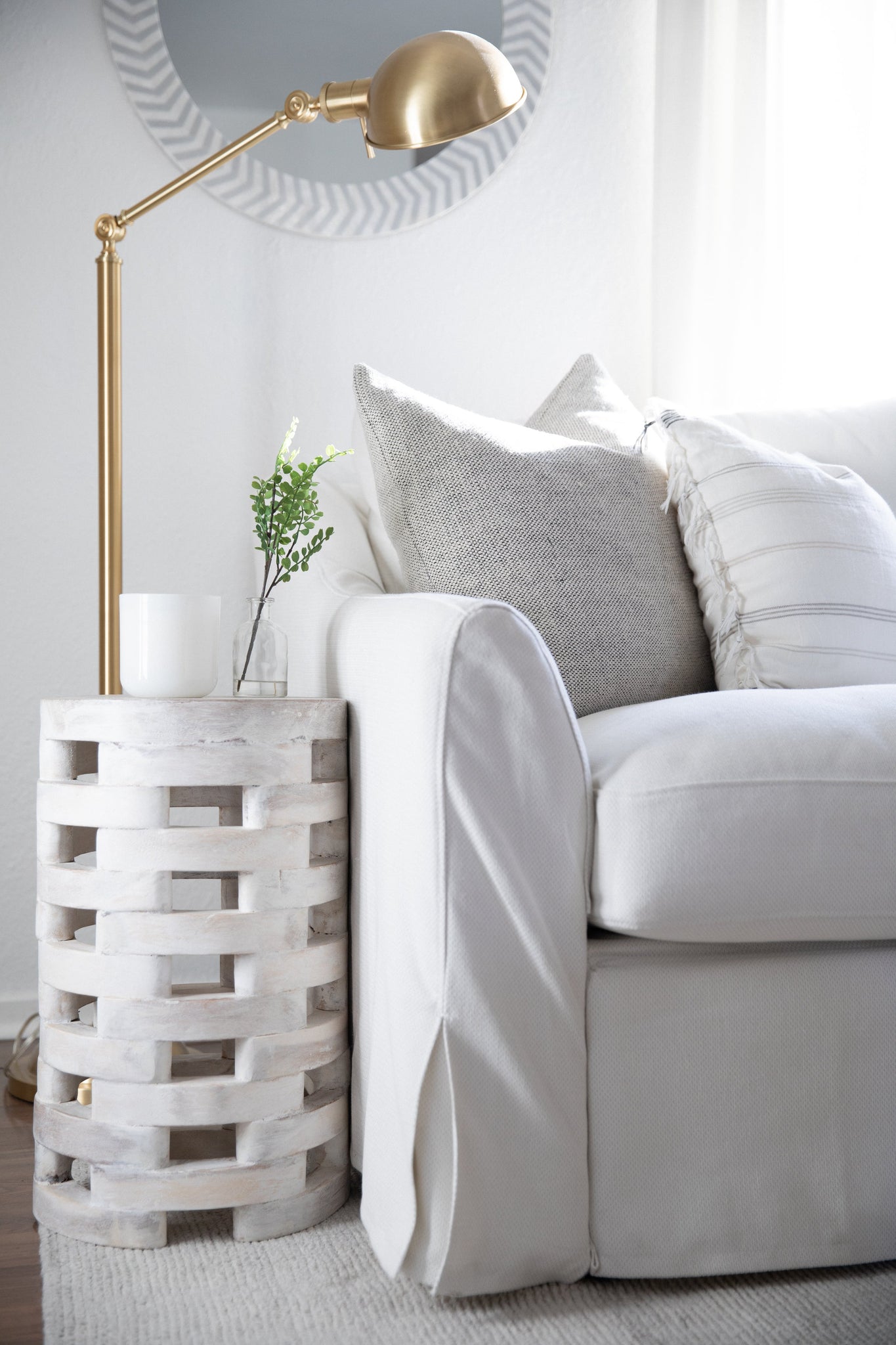 Girard Floor Lamp styled in a living room corner for warm, layered light at Laurie Yapp Home.