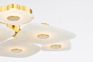 Close-up of the Holmdel Semi Flush 27.75" in aged brass showing the shade profile and mounting canopy.