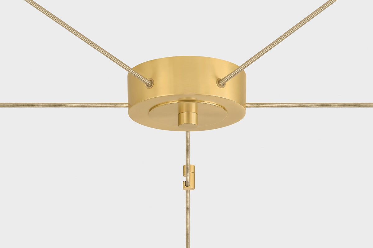 Ironwood Chandelier 30" x 14" in aged brass shown from a second angle to highlight the frame, arms, and shade detail.