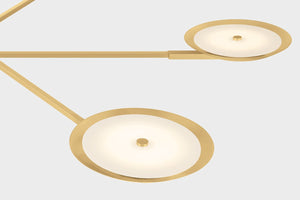 Close-up of the Johnson Chandelier in aged brass showing the frame, arms, and shade detail.