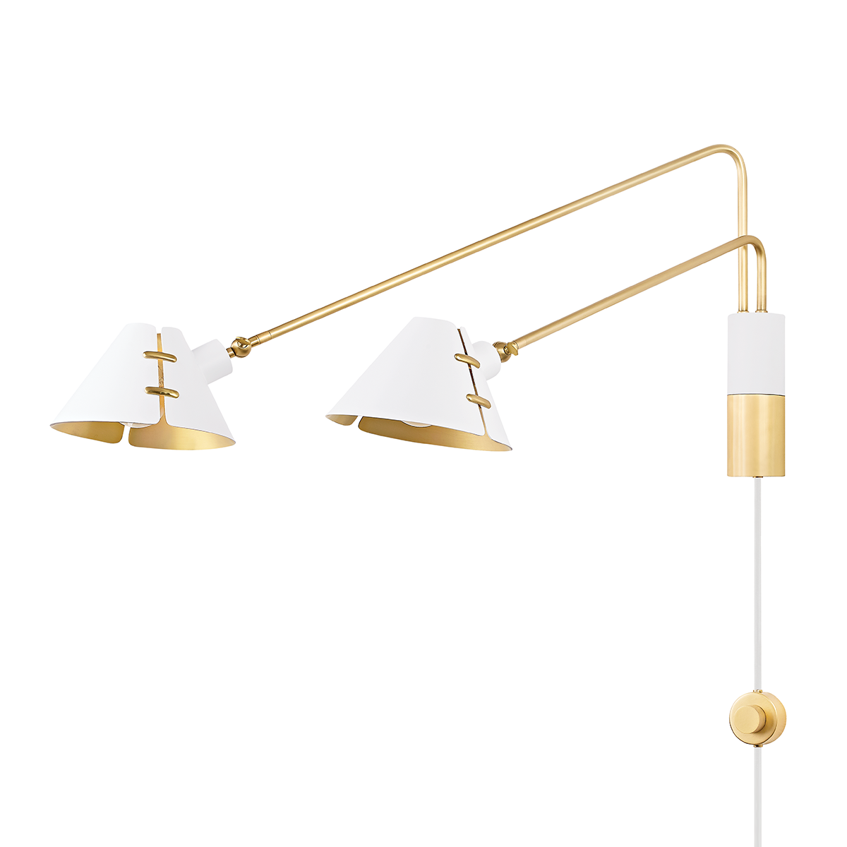 Split Plug-In Sconce in aged brass — a Hudson Valley plug-in sconce for bedrooms, living rooms, and reading nooks at Laurie Yapp Home.
