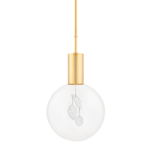 Gio Pendant in aged brass shown from a second angle to highlight the shade shape and metal detail.