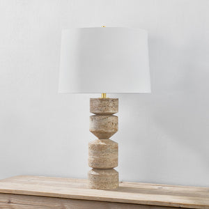 Galeville Table Lamp in aged brass shown from a second angle to highlight the base and shade proportions.