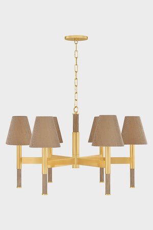 Lindenwood Chandelier 33.5" in aged brass shown from a second angle to highlight the frame, arms, and shade detail.