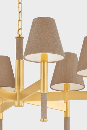 Close-up of the Lindenwood Chandelier 33.5" in aged brass showing the frame, arms, and shade detail.