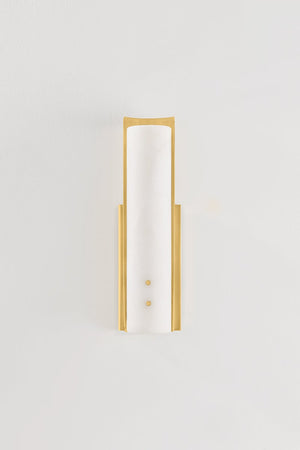 Lucio Wall Sconce 4.25" x 14.5" in aged brass shown from a second angle to highlight the arm curve and shade silhouette.