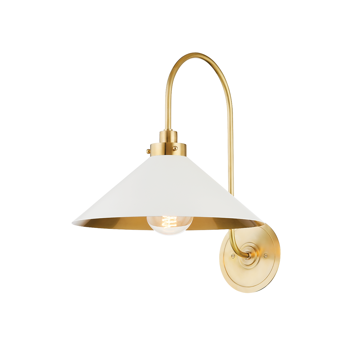 Clivedon Wall Sconce in aged brass shown from the front to reveal the arm curve and shade silhouette.