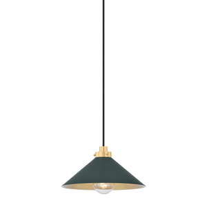 Close-up of the Clivedon Pendant 12" in aged brass showing the shade shape and metal detail.