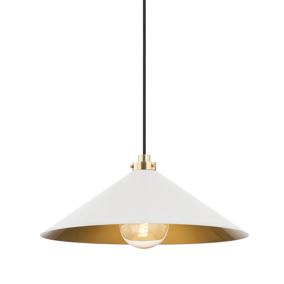 Clivedon Pendant 20" in aged brass shown from the front to reveal the shade shape and metal detail.