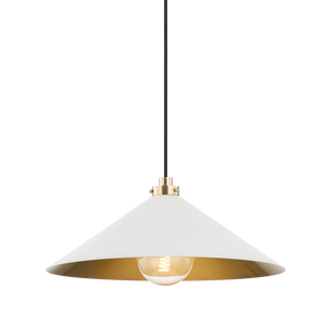 Clivedon Pendant 20" in aged brass shown from the front to reveal the shade shape and metal detail.