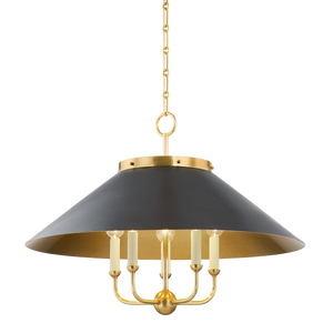 Clivedon Chandelier in aged brass shown from a second angle to highlight the frame, arms, and shade detail.