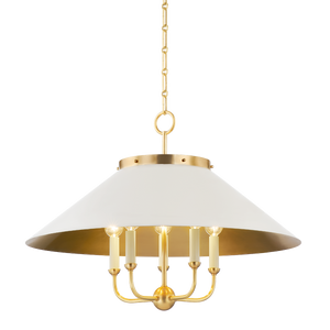 Clivedon Chandelier in aged brass shown from the front to reveal the frame, arms, and shade detail.