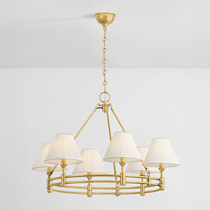 Close-up of the Howard Chandelier 32.75" x 23" in aged brass showing the frame, arms, and shade detail.