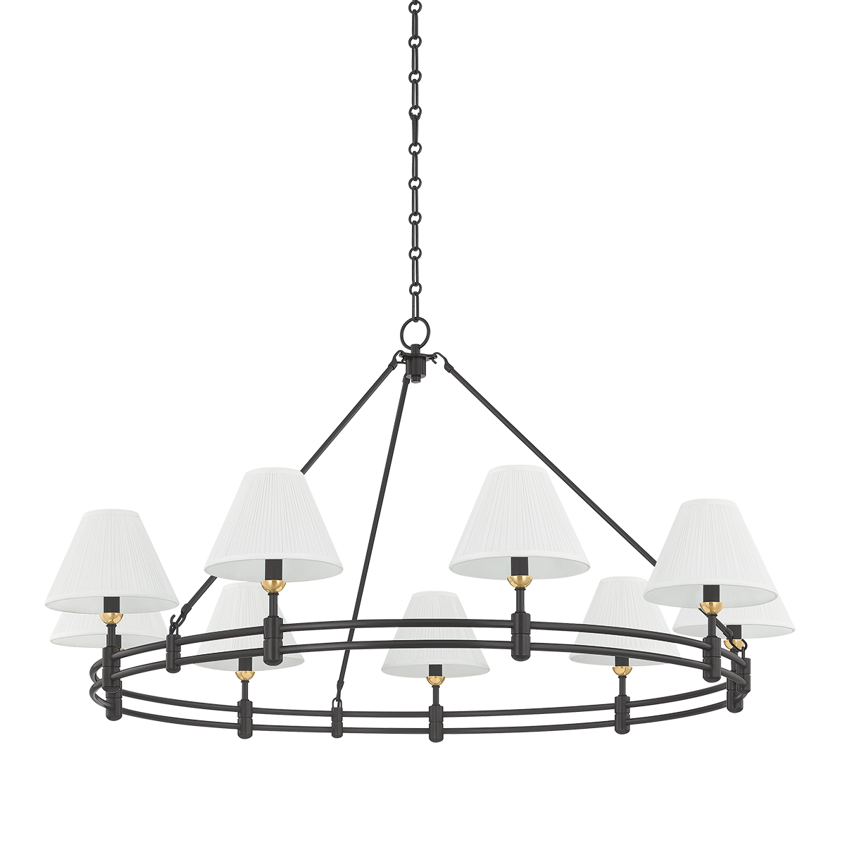 Howard Chandelier 50" x 26" in aged brass shown from a second angle to highlight the frame, arms, and shade detail.