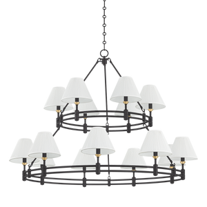 Howard Chandelier 50" x 35.75" in aged brass shown from a second angle to highlight the frame, arms, and shade detail.