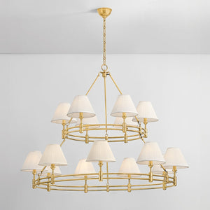 Close-up of the Howard Chandelier 50" x 35.75" in aged brass showing the frame, arms, and shade detail.
