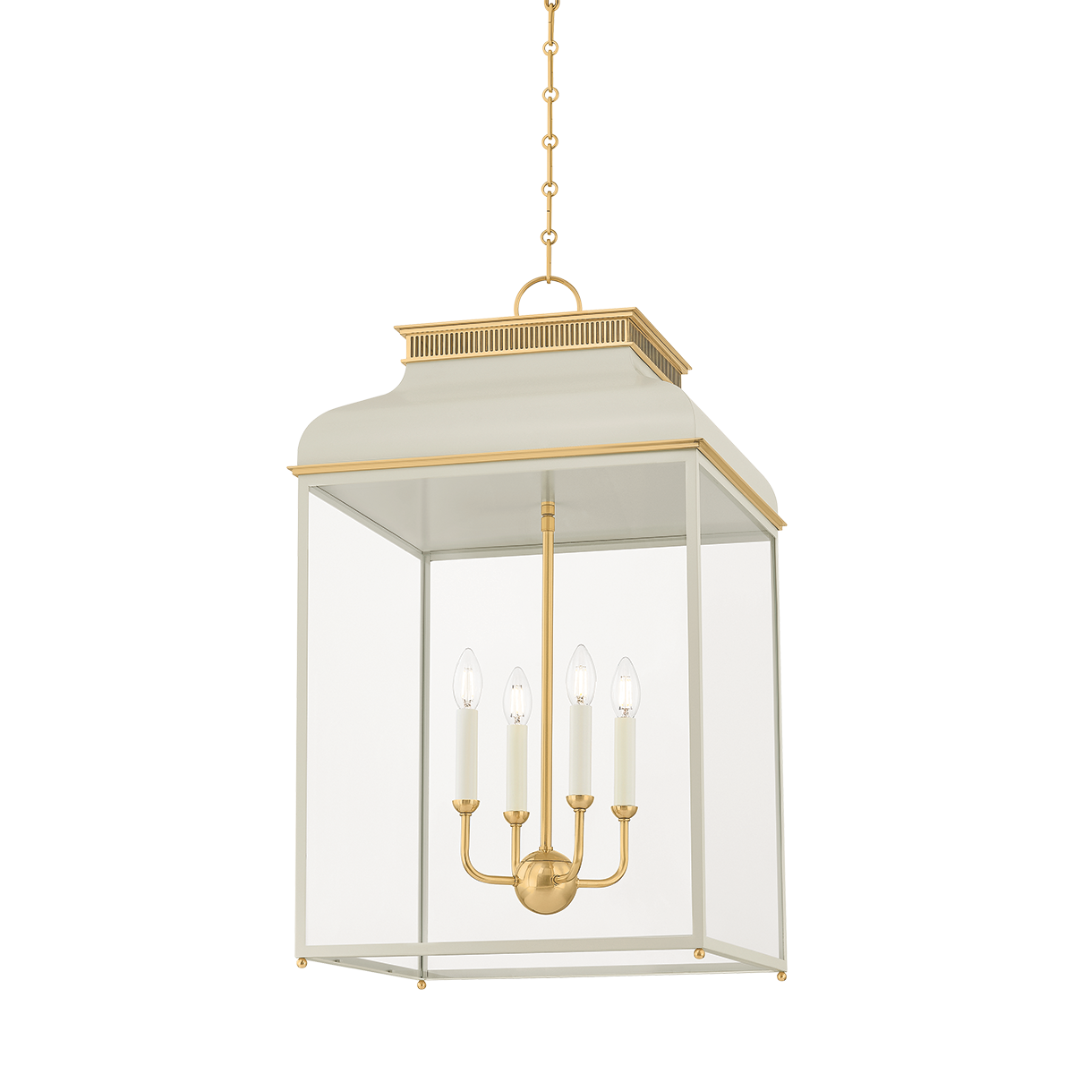 Houghton Lantern 19" in aged brass shown from a second angle to highlight the frame and glass panel detail.