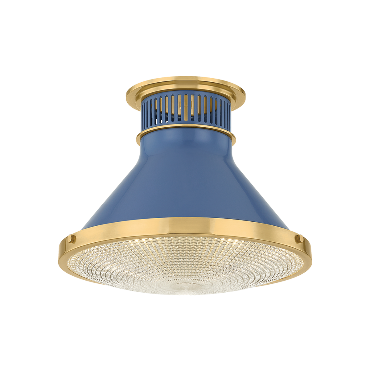 Highclere Flush Mount 12.75" in aged brass shown from a second angle to highlight the shade profile and mounting canopy.