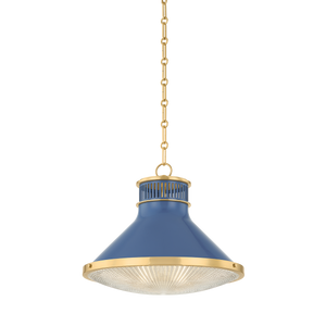 Highclere Pendant 17.75" in aged brass shown from a second angle to highlight the shade shape and metal detail.