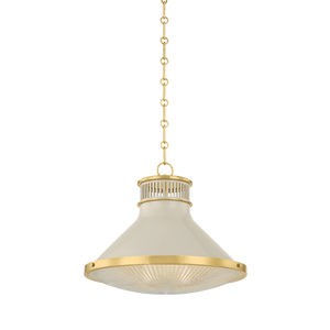 Highclere Pendant 17.75" in aged brass shown from the front to reveal the shade shape and metal detail.
