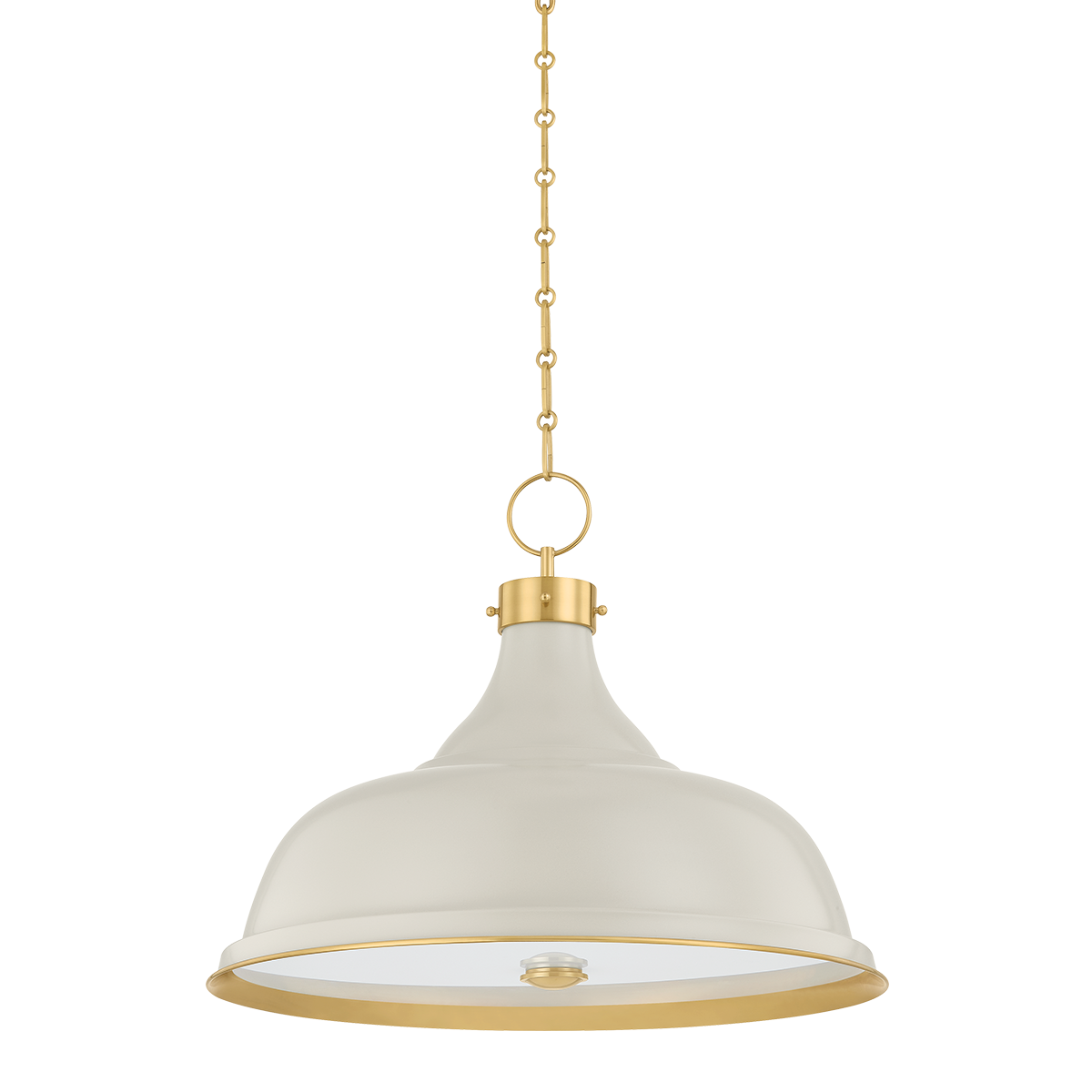 Painted No. 1 Pendant 23.5" in aged brass shown from a second angle to highlight the shade shape and metal detail.