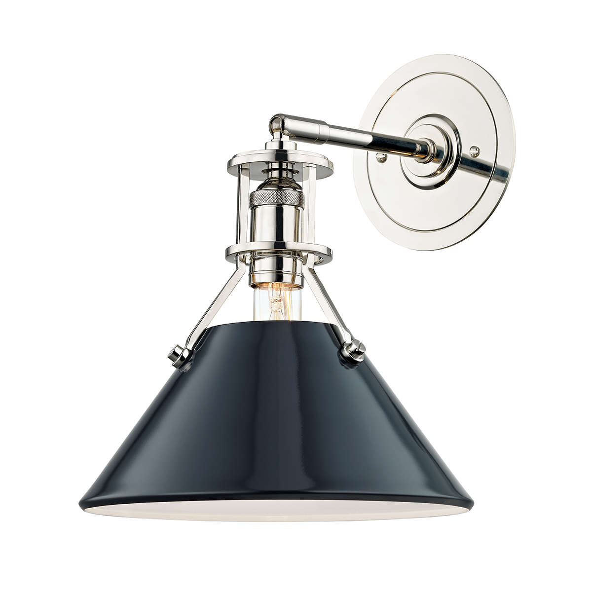 Close-up of the Painted No. 2 Wall Sconce in polished nickel showing the arm curve and shade silhouette.