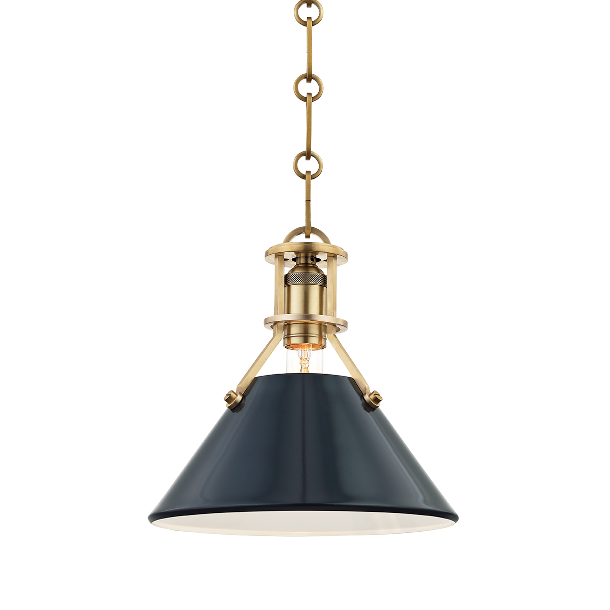 Painted No.2 Pendant in aged brass shown from the front to reveal the shade shape and metal detail.