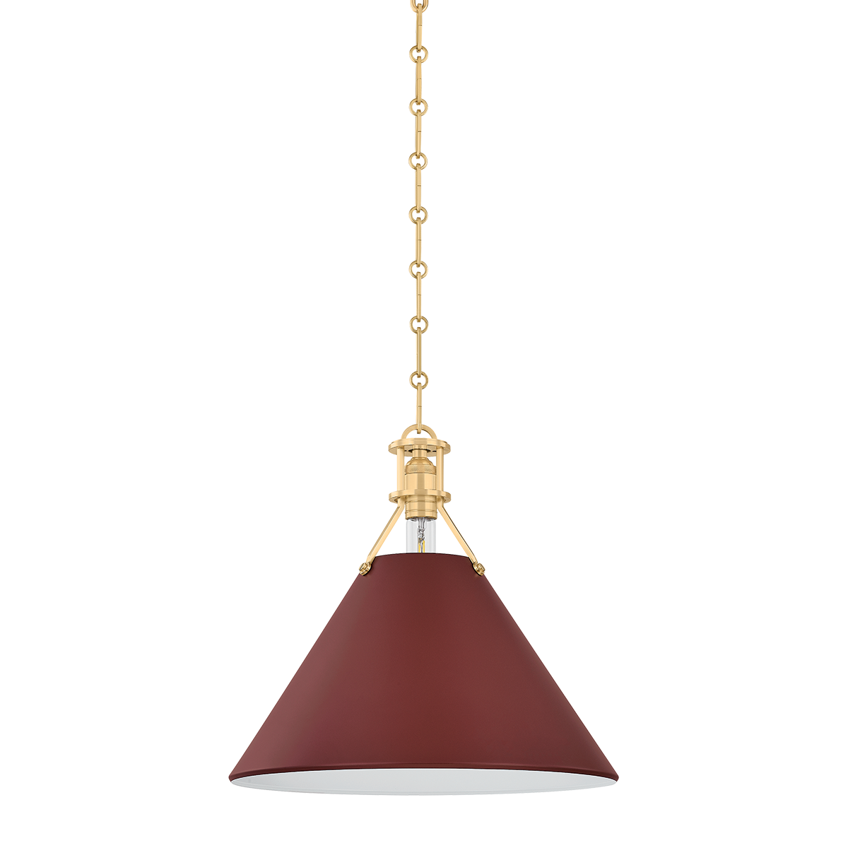 Painted No. 2 Pendant 16" in aged brass shown from a second angle to highlight the shade shape and metal detail.