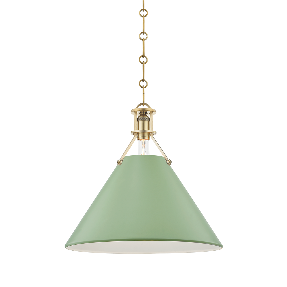 Close-up of the Painted No. 2 Pendant 16" in aged brass showing the shade shape and metal detail.