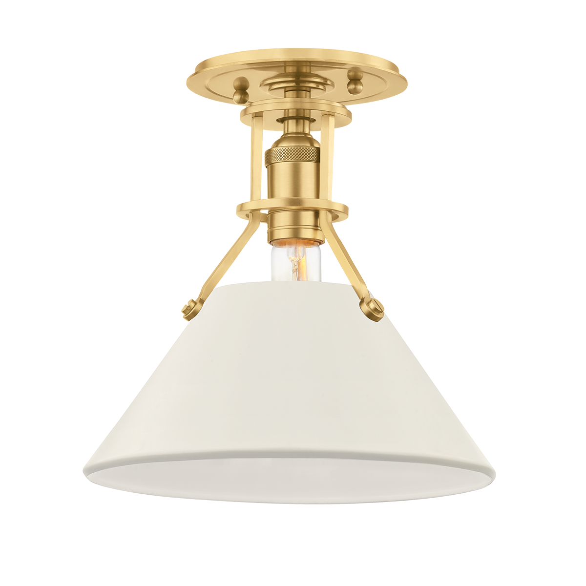 Painted No.2 Semi Flush in aged brass shown from a second angle to highlight the shade profile and mounting canopy.
