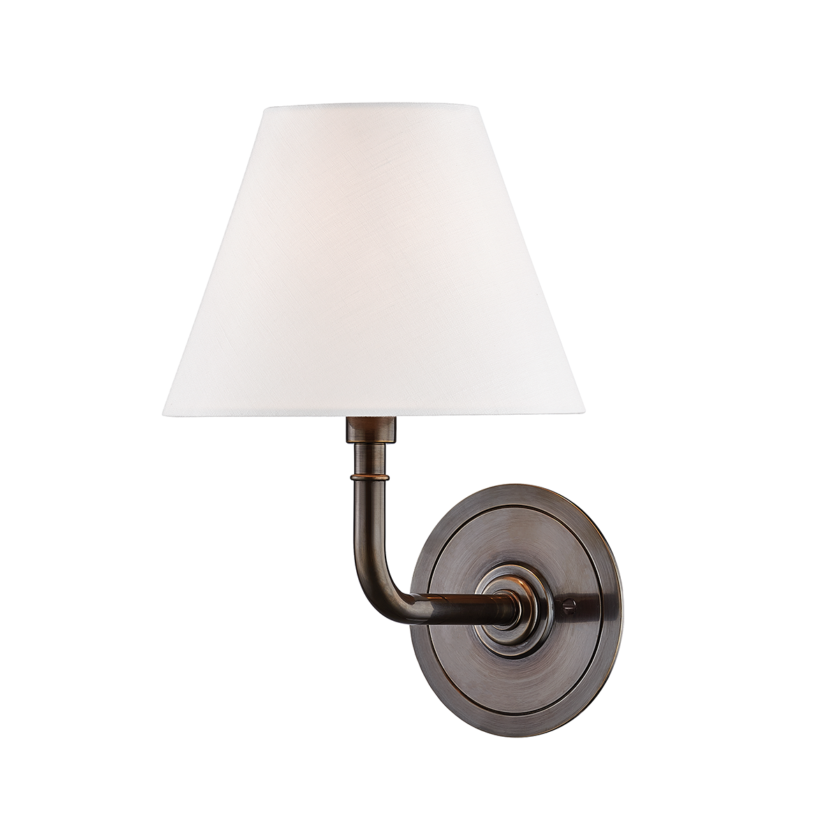 Signature No.1 Wall Sconce 8" x 11.25" in Aged Brass shown from a second angle to highlight the arm curve and shade silhouette.