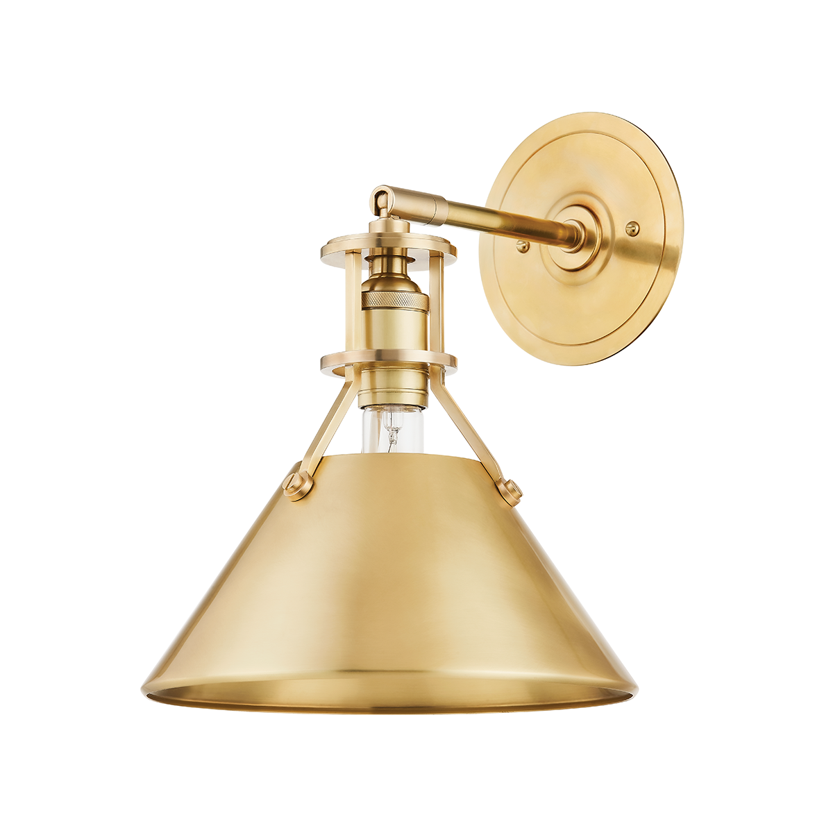 Metal No. 2 Wall Sconce in aged brass shown from a second angle to highlight the arm curve and shade silhouette.