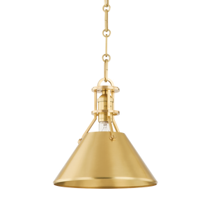 Metal No. 2 Pendant 9.5" in aged brass shown from a second angle to highlight the shade shape and metal detail.