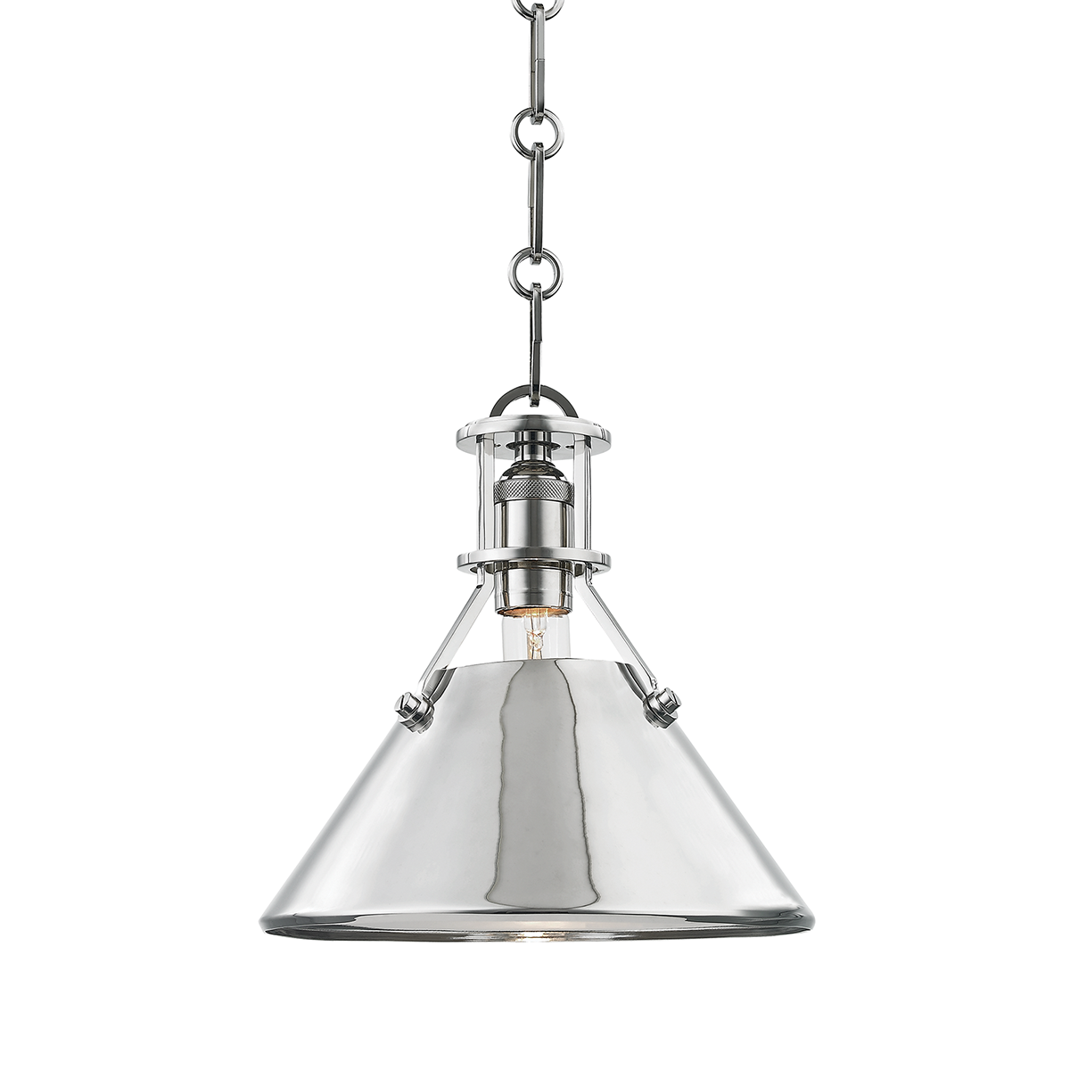 Metal No. 2 Pendant 9.5" in polished nickel shown from the front to reveal the shade shape and metal detail.