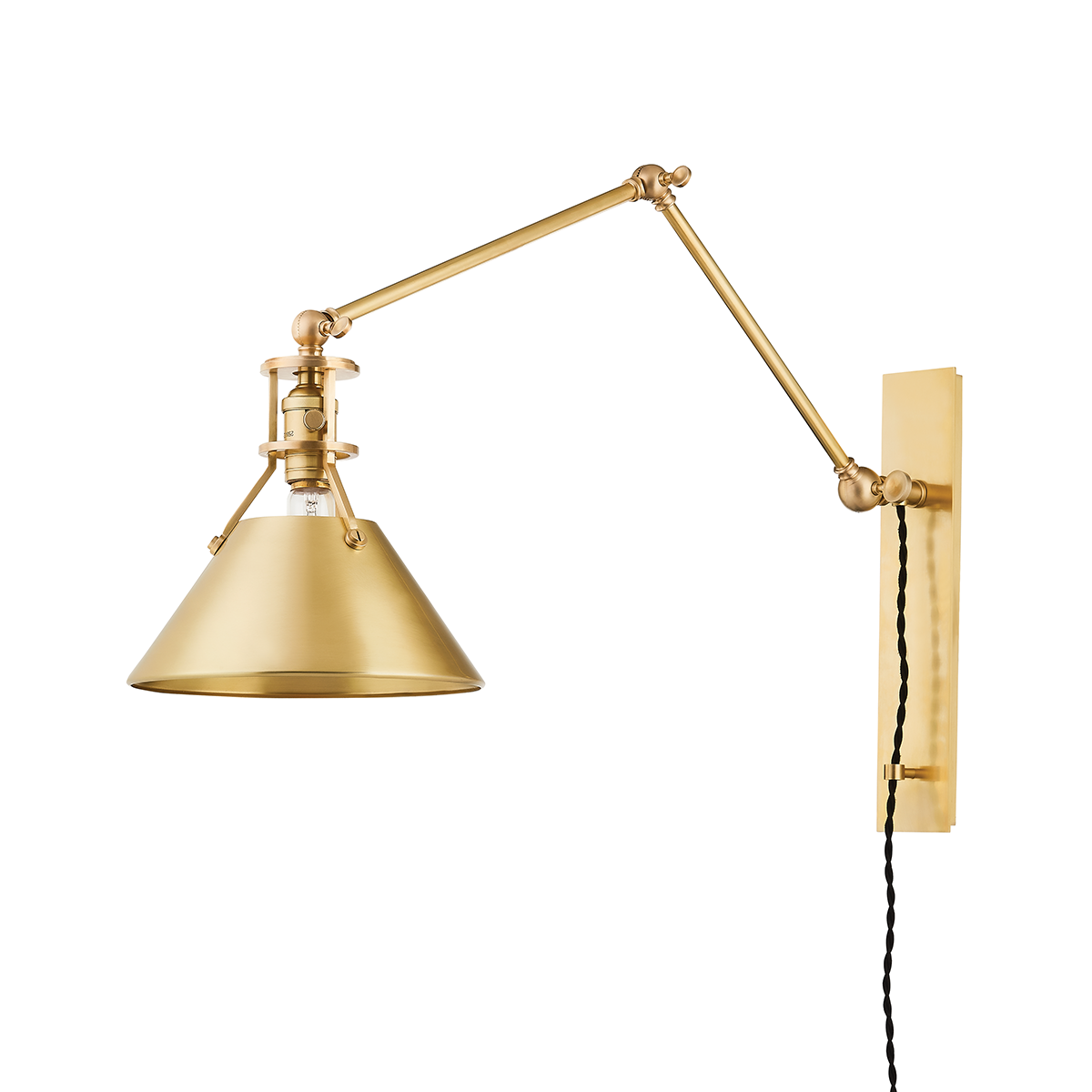 Metal No. 2 Plug-In Sconce in aged brass — a Hudson Valley plug-in sconce for bedrooms, living rooms, and reading nooks at Laurie Yapp Home.