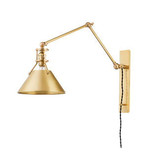 Metal No. 2 Plug-In Sconce in aged brass — a Hudson Valley plug-in sconce for bedrooms, living rooms, and reading nooks at Laurie Yapp Home.