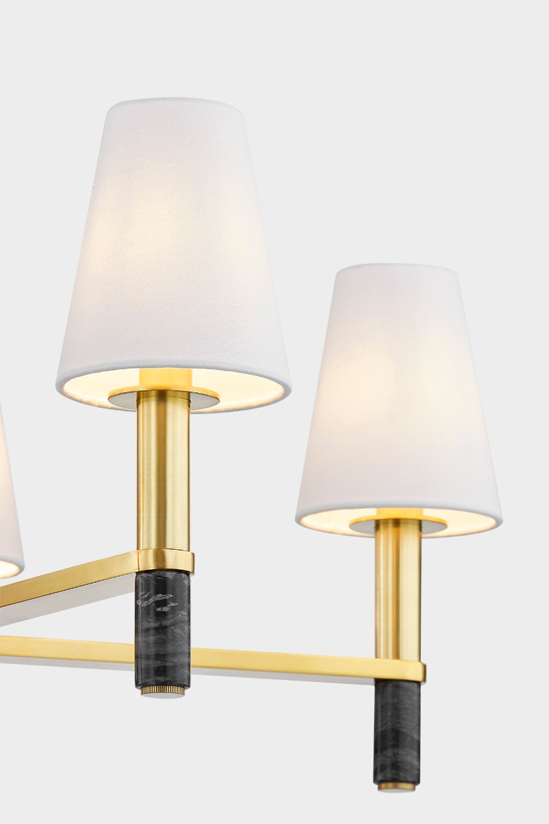 Montreal Chandelier 30" in aged brass shown from a second angle to highlight the frame, arms, and shade detail.