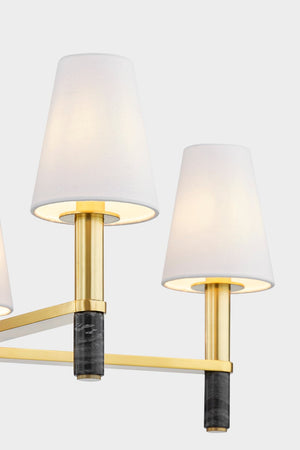Montreal Chandelier 30" in aged brass shown from a second angle to highlight the frame, arms, and shade detail.