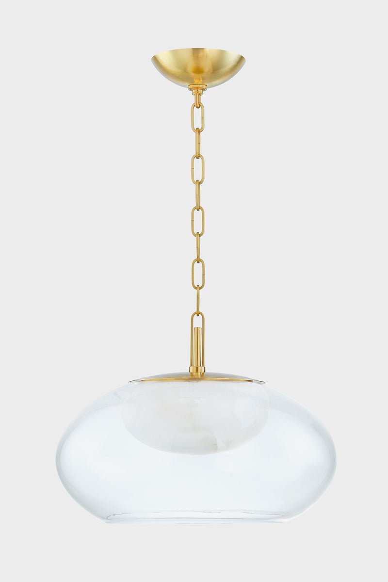 Moore Pendant 17" in aged brass shown from a second angle to highlight the shade shape and metal detail.