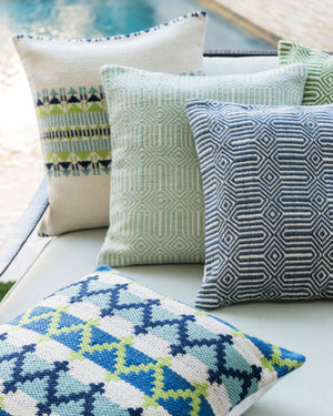 Blue / Ivory Pillow (Pattern 1) shown from a different angle to reveal its pattern.